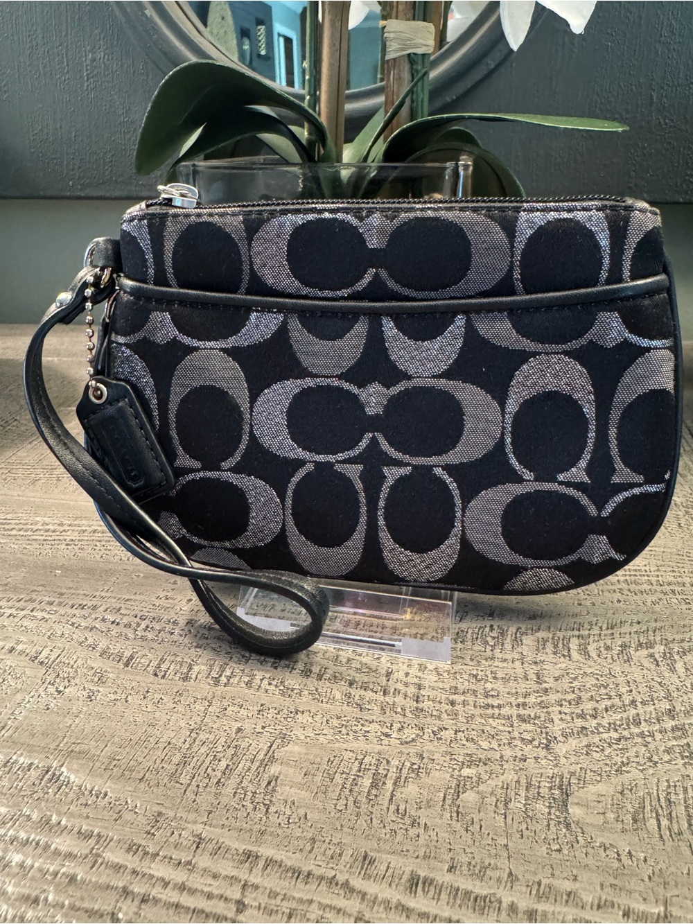 Coach Black & Metallic Silver Signature Wristlet with Back Pocket & Zip Closure